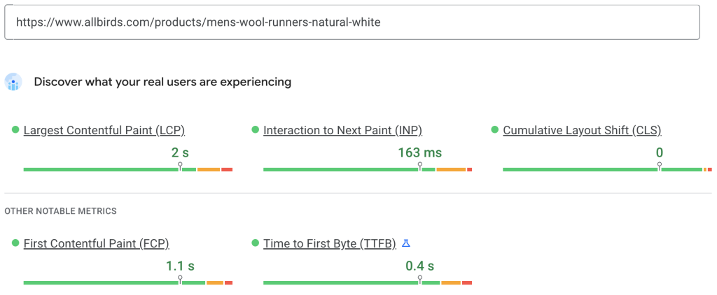 Allbirds mobile Core Web Vitals field data showing a passing result