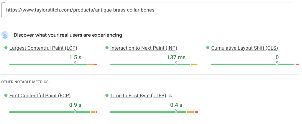 Taylor Stitch mobile Core Web Vitals field data showing a passing result