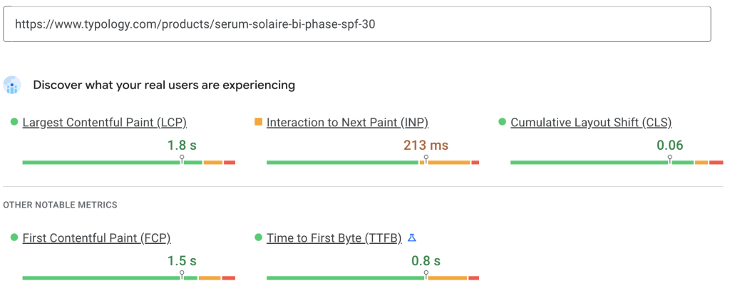 Typology mobile Core Web Vitals field data, strong LCP with INP just over the threshold