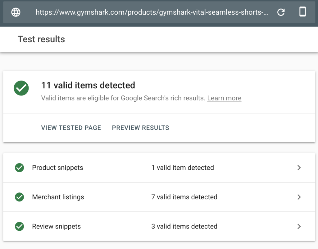 Rich Results Test showing Gymshark eligible for Product snippets, Merchant listings, and Review snippets