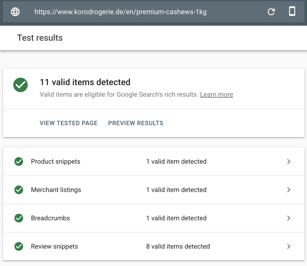 Rich Results Test showing KoRo eligible for Product snippets, Merchant listings, Breadcrumbs, and Review snippets