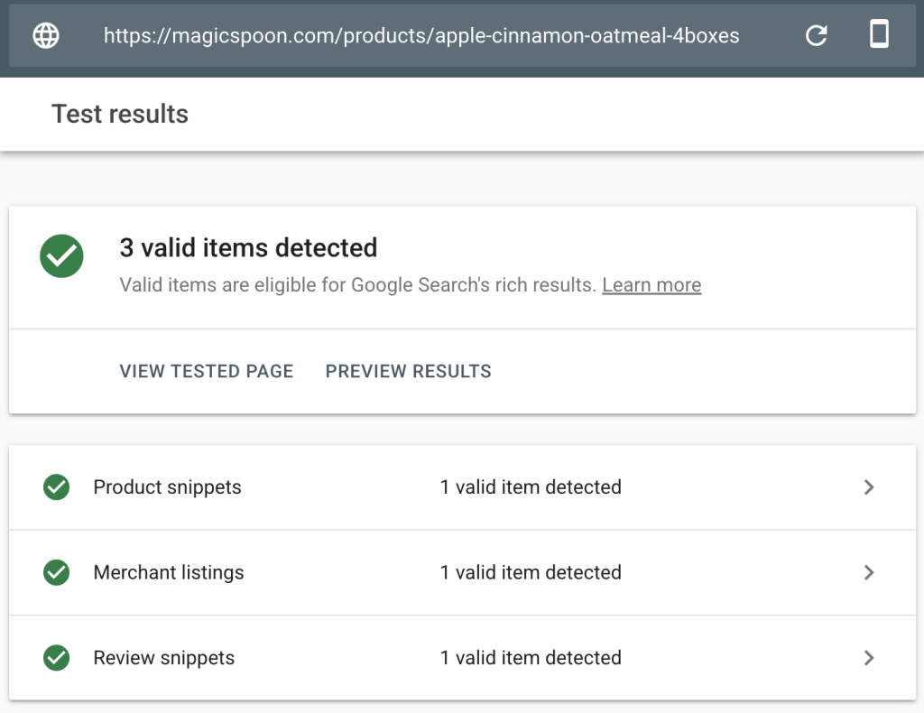 Rich Results Test showing Magic Spoon eligible for Product snippets, Merchant listings, and Review snippets