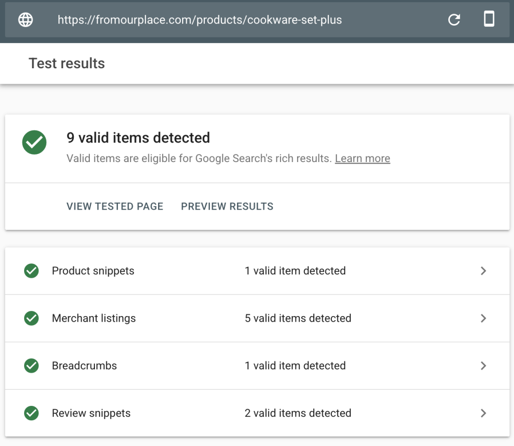 Rich Results Test showing Our Place eligible for Product snippets, Merchant listings, Breadcrumbs, and Review snippets