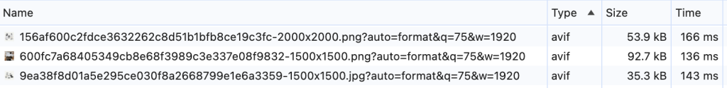 DevTools Network panel showing Made In serving AVIF and WebP product images