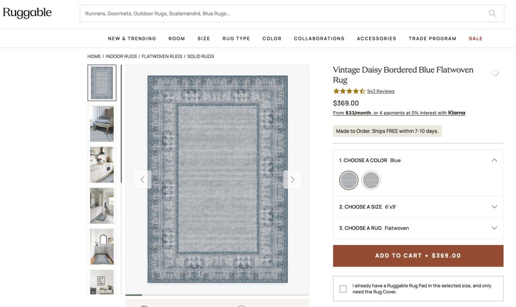 Ruggable washable-rug product page on mobile